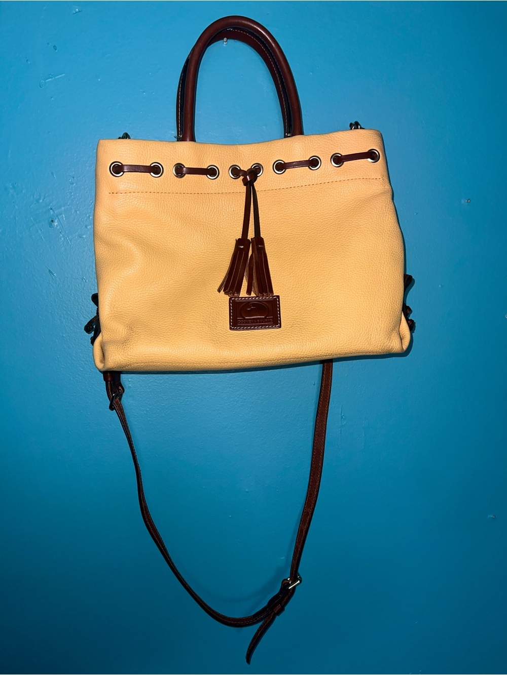 Dooney & Bourke Yellow Leather Drawstring Tote with Brown Trim